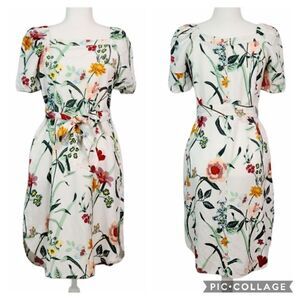 LOFT White Multicolor Floral Puff Sleeve Tent Linen Dress Size 0P Tie Waist